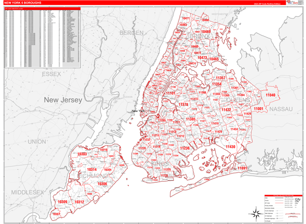 New York 5 Boroughs Metro Area Wall Map Red Line Style